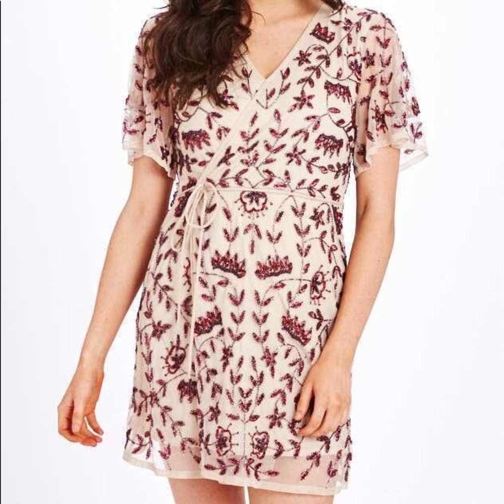 MOVING SALE! Altar’d State Etta Nude Ruby Rhinestone Formal Wrap Mini Dress